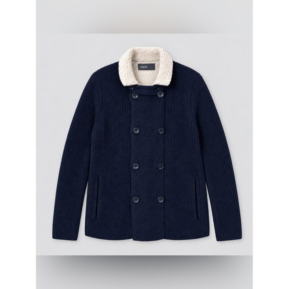 Vince Mens Wool Navy Blue Shearling Lined Cardigan Sweater Jacket Large Preppy